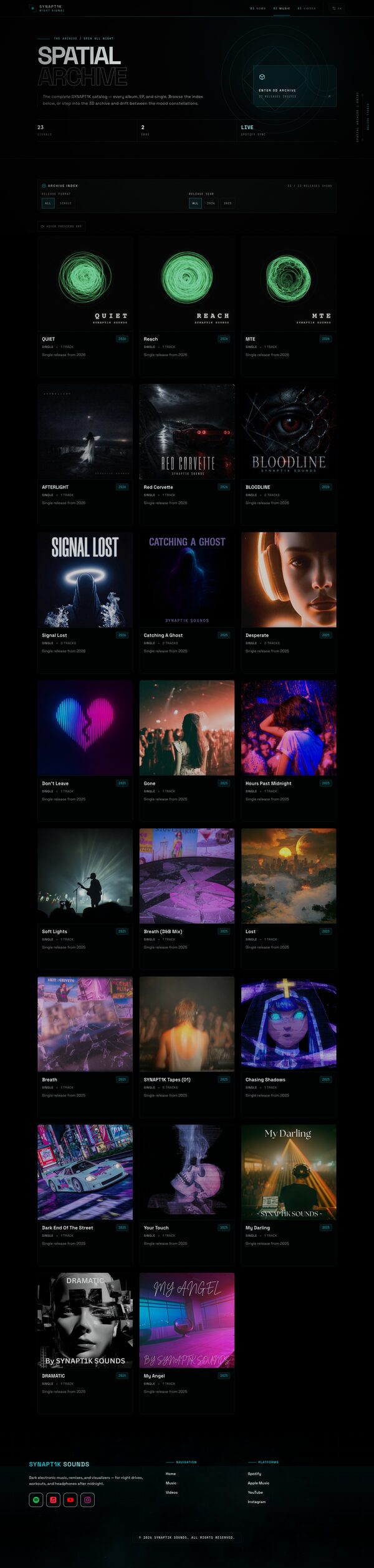 SYNAPT1K SOUNDS music page — dark audio-reactive artist site with a 3D release archive